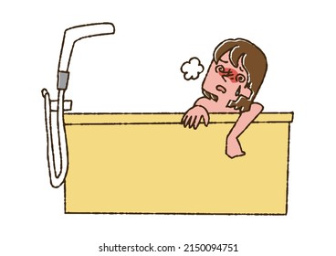 A Woman Who Has Hot Flashes In The Bath, A Comical Handwritten Person Vector, A Warm Line Drawing
