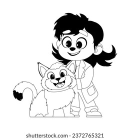 A woman who helps animals, called a vet, is taking care of a really cute cat. She is very pleased. Childrens coloring page.