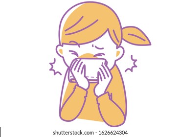 A woman who holds a mouth with a handkerchief and coughs and sneezes