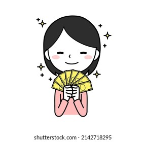 A woman who laughs satisfactorily while holding money in a fan Income Side job Upper body