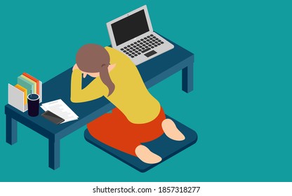 A woman who lays down on a desk and takes a nap during teleworking isometric