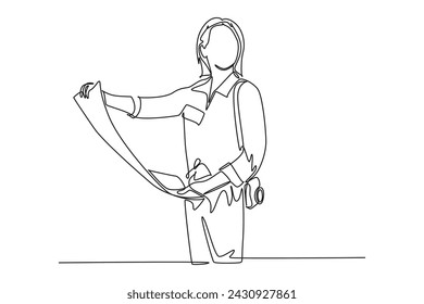 a woman who likes traveling using a map. holiday minimalist concept. simple line.
