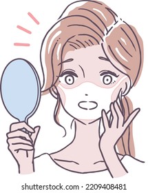 A Woman Who Looks In The Mirror And Is Surprised At Her Mask Sunburn. A Person With A Sunburn Mark On Her Mask. Illustration Material Shocked By A Sunburn