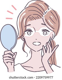 A woman who looks in the mirror and is surprised at her glasses sunburn. A person with a sunburn mark on her goggles. Illustration material shocked by a sunglasses sunburn