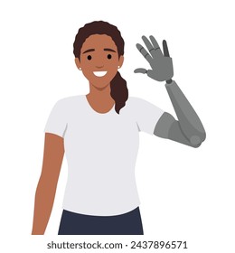 Woman who lost arm in car crash or in accident greets you with new prosthesis. Flat vector illustration isolated on white background