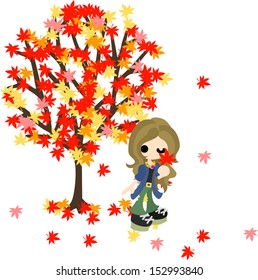 A woman who is lost in meditation under the maple-tree.