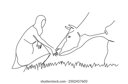 Woman who loves feeding a cow animal. Cows on pasture in One continuous line drawing. Milk calf animal grazing symbol and beef meat farm concept in simple linear style. 