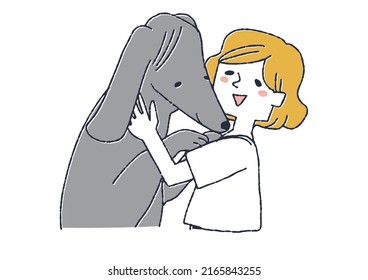  A woman who loves her pet Borzoi, a comical handwritten person vector, a warm line drawing
