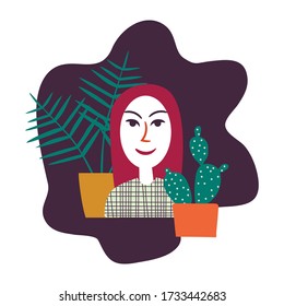Woman Who Loves House Plants. House Garden Concept Illustration. Female Avatar With Potted Plants. Cartoon Character. Vector.