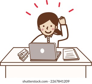A woman who makes a fist pose with a personal computer.
