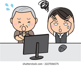 A woman who makes a troubled face after failing in front of a computer and a crying grandfather