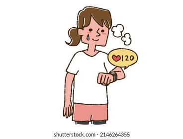 A woman who manages heart rate with a smart watch Comical handwritten person Vector, color on line drawing
