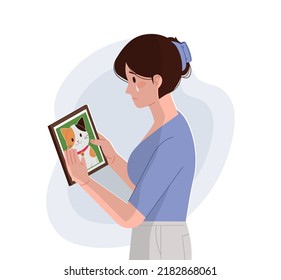 A woman who misses a cat that has passed away. Lost pet owner concept vector illustration.