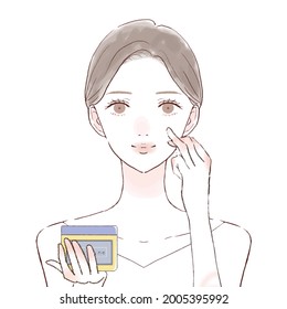 A Woman Who Moisturizes By Applying Vaseline To Her Face. On A White Background.