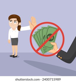 A woman who not accept money from big hand offer money.illustration vector cartoon.