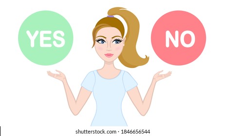 A woman who offers a choice. Yes and no. Concept of choice, selection, answer, reply, accept of refuse.  Doubts, worries. The choice of the future. Ponder your decision