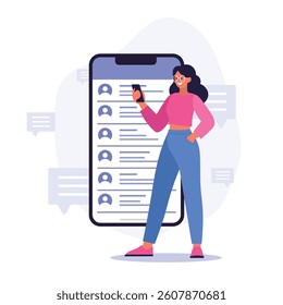 a woman who is opening a message application. a woman standing who is opening social media. a woman who is sending a message