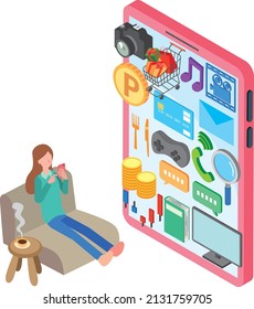 A woman who operates a smartphone and relaxes