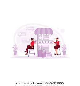 The woman who owns a clothing store looks at the sales rating at an online store with one of her employees. Best feedback concept with people scene outline. Trend Modern vector flat illustration