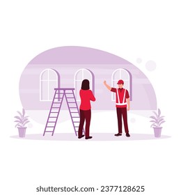 The woman who owns the house watches over her house being repaired by a contractor. Home Renovation concept. Trend Modern vector flat illustration