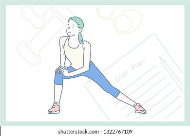 A woman who is planning a diet and stretching. Hand drawn style vector design illustrations.