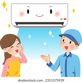 A woman who is pleased with an air conditioner that has been cleaned by air conditioner cleaning