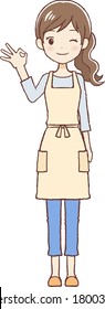 The woman who put on an apron. She's saying "OK" and is winking.