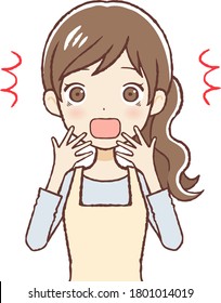 The woman who put on an apron. She was very astonished.Upper body.