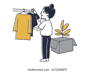 A woman who puts clothes on her closet. People who bring luggage to a new house when they move or build a new house.