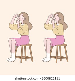 a woman who puts eye drops in her eyes. minimal line art vector illustration.