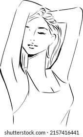 A woman who raises her arms and stretches line art