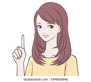 A woman who raises her index finger with a smile