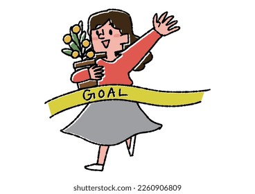  A woman who reaches the goal with a money tree.Illustration of leaving behind assets through investment and life planning