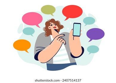 Woman who received many SMS messages on mobile phone points finger at gadget, standing among dialogue bubbles. Girl encourages you to use SMS messaging service to receive new clients.