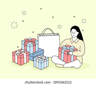 A woman who received a lot of presents on Christmas illustration set. Shopping bag, prize, item, ribbon, box. Vector drawing. Hand drawn style.