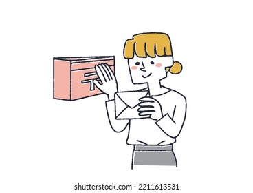 A Woman Who Receives A Letter Or Direct Mail, A Comical Hand-drawn Figure, Vector, Line Drawing And Color