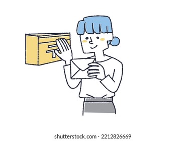 A Woman Who Receives A Letter Or Direct Mail, A Comical Hand-drawn Figure, Vector, Line Drawing And Color