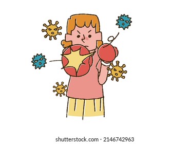 A woman who repels a virus, a comical handwritten person, a vector, a line drawing in color