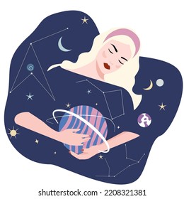 The woman who represents the Horoscope Illustration  with sign of zodiac. A beautiful attractive girl symbolizes night and day. astrological signs. Vector illustration in fantasy style.  Pattern stars