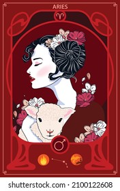 The woman who represents the Horoscope Sign Illustration in Art Nouveau style with sign of zodiac. Vector Illustration of Aries Zodiac Sign.