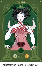 La mujer que representa la Ilustración de Signos del Horóscopo al estilo Art Nouveau con signo de zodiaco. Ilustración vectorial.