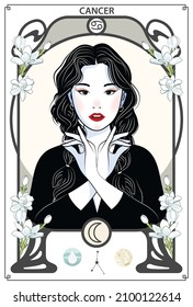 The woman who represents the Horoscope Sign Illustration in Art Nouveau style with sign of zodiac. Vector Illustration of Cancer Zodiac Sign.