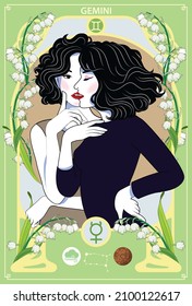 The woman who represents the Horoscope Sign Illustration in Art Nouveau style with sign of zodiac. Vector Illustration of Gemini Zodiac Sign.