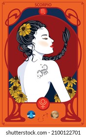 The woman who represents the Horoscope Sign Illustration in Art Nouveau style with sign of zodiac. Vector Illustration of Scorpios Zodiac Sign.