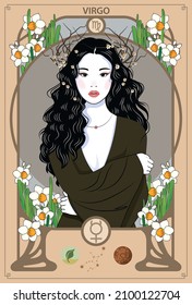 The woman who represents the Horoscope Sign Illustration in Art Nouveau style with sign of zodiac. Vector Illustration of Virgo Zodiac Sign.