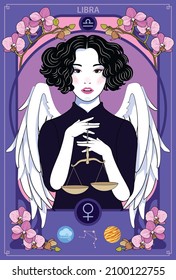 The woman who represents the Horoscope Sign Illustration in Art Nouveau style with sign of zodiac. Vector Illustration of Libra Zodiac Sign.