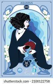 The woman who represents the Horoscope Sign Illustration in Art Nouveau style with sign of zodiac. Vector Illustration of Aquarius sign.