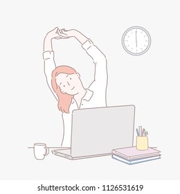 A woman who rests with stretching while working at a company. hand drawn style vector design illustrations.