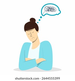 A woman who is sad and has her arms crossed because of the many problems on her mind. Depression people concept.