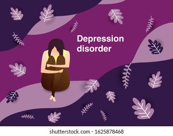 The woman who sat alone on the ground felt sorrowful and leaves blown. Mental disorder or illness. Flat cartoon vector illustration.